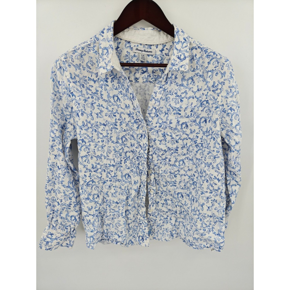 Tommy Bahama Women Blue Coral Reef Linen Button Down Shirt Large T001945109